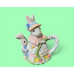 Fitz & Floyd Bunny Hollow Rabbit Mother Son Figural Teapot Easter Spring Garden